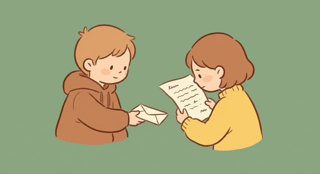 Two figures, one handing over a handwritten note to the other. The second figure is actively reading the clear writing on the paper. Two people communicating effectively