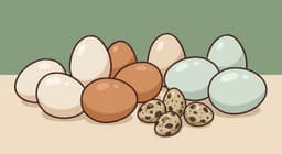 A close-up photograph of a variety of uncooked eggs, including chicken eggs, duck eggs, and quail eggs, showcasing different sizes, colors, and textures of their shells, arranged on a neutral surface to highlight their natural variations.