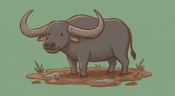 A large, dark gray water buffalo with massive, curved horns, standing in a muddy field.